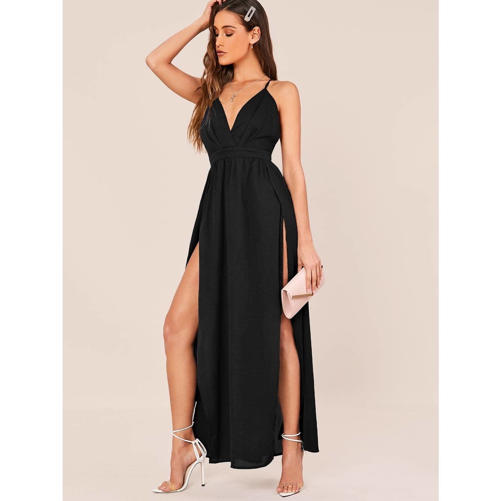 Slit Cross Back Cami maxi Dress black backless